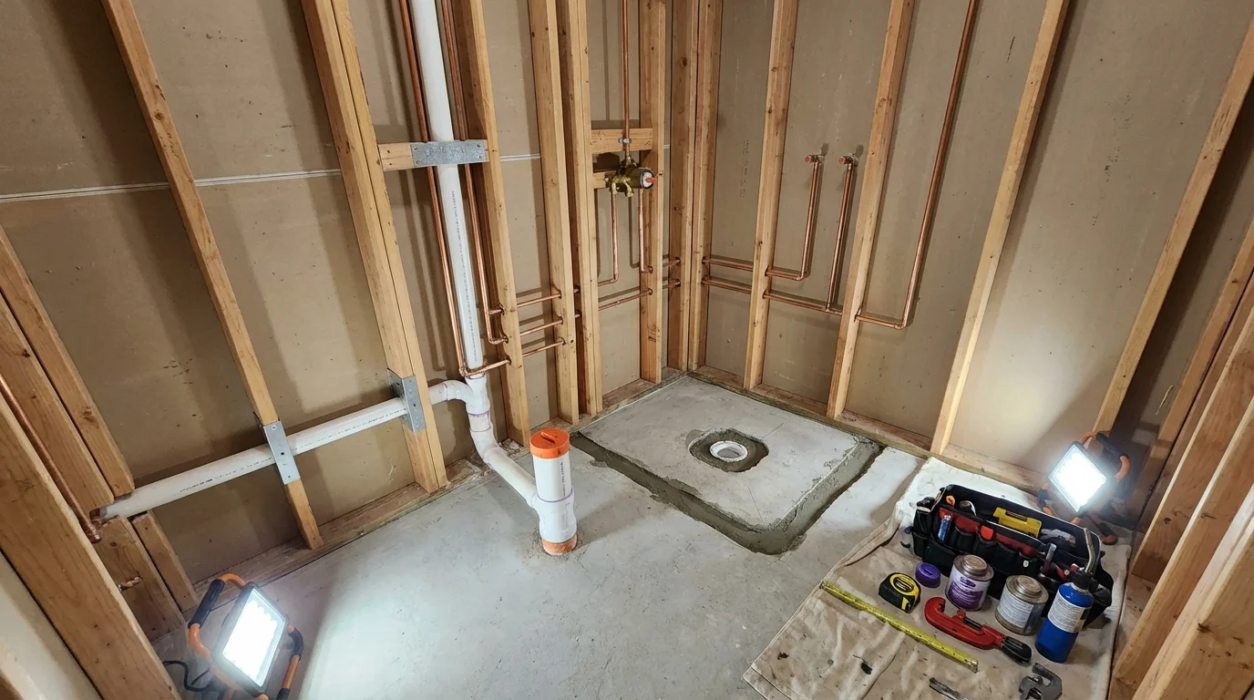 Bathroom rough-in plumbing during remodel by Johns Plumbing LLC in Coal Hill