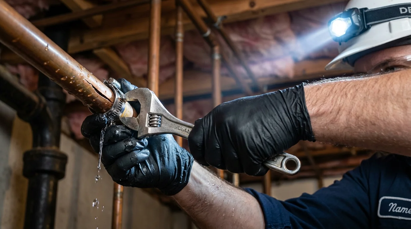 Emergency pipe clamp repair being performed by a Johns Plumbing LLC plumber in Coal Hill