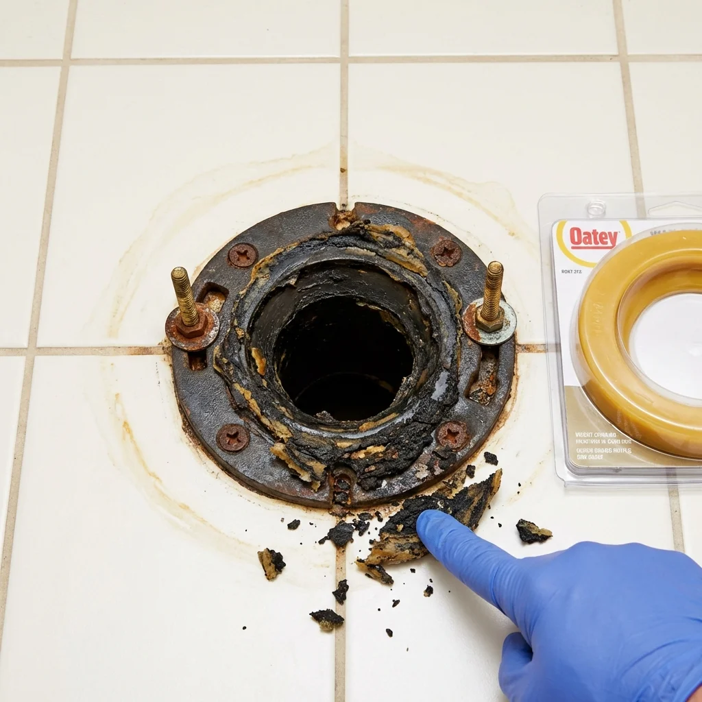 Failed wax ring showing water seepage at the base of a toilet in a Coal Hill, AR home