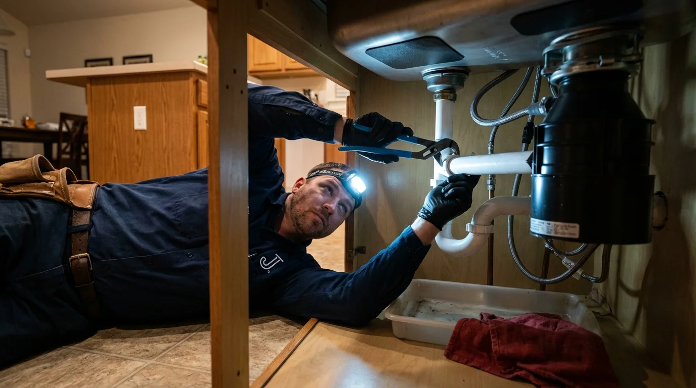 P-trap and supply line connections under a kitchen sink showing a common leak point in Coal Hill, AR